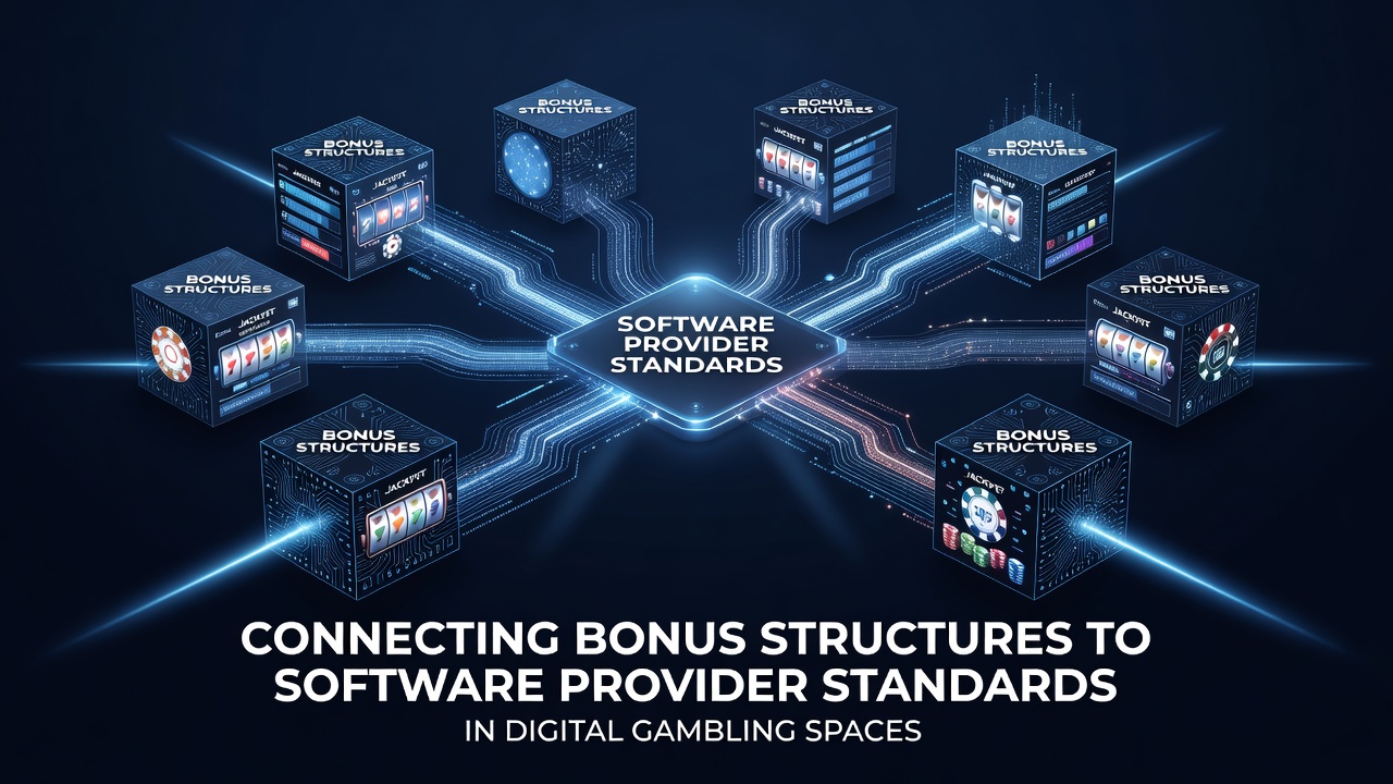 Digital interface showing interconnected bonus mechanics and certified game software modules in an online gambling environment