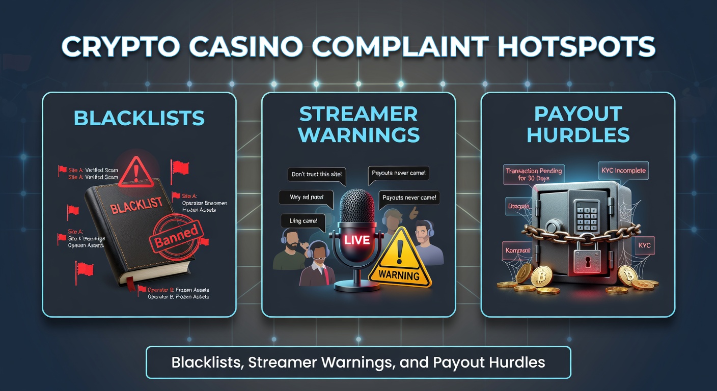 Digital illustration of a crypto casino interface with warning signs, blacklists, and blocked payout icons highlighting common player complaints