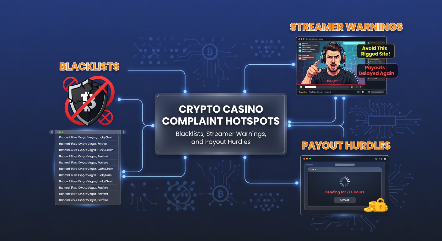 Graph showing rising crypto casino complaints in 2026, with peaks for blacklists, streamer mentions, and payout delays across global platforms