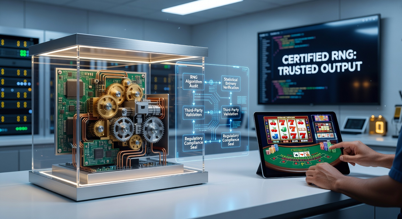 Illustration of RNG testing equipment and certification workflow used by independent labs for online gaming platforms