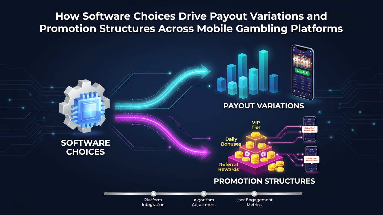 Mobile gambling interface showing software-driven payout metrics and bonus structures on smartphone screens