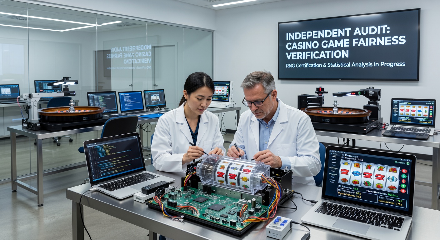 Independent auditors examining casino game software in a controlled laboratory environment with multiple testing stations and monitoring equipment