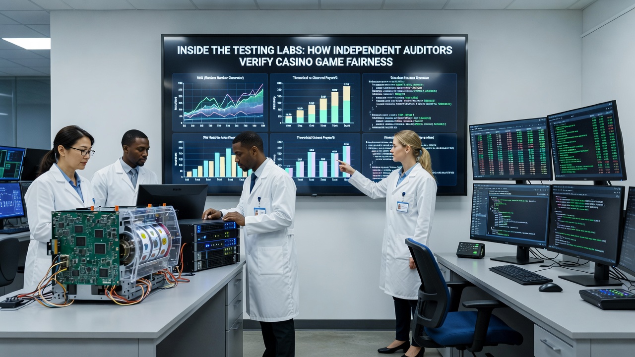 Auditors conducting ongoing monitoring of certified casino games with real-time data analysis dashboards and compliance reporting tools