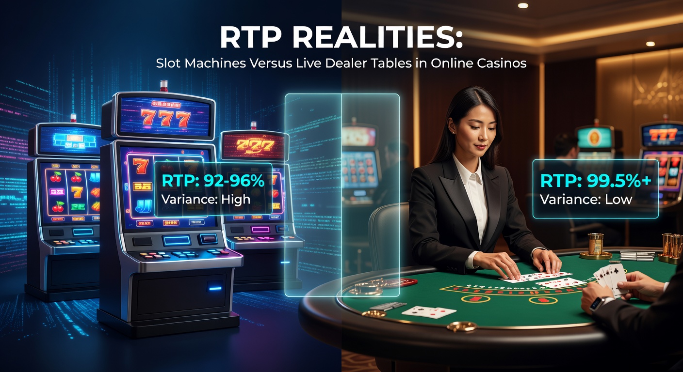 Digital slot reels spinning alongside a live dealer at a blackjack table, highlighting RTP contrasts in online casino gaming