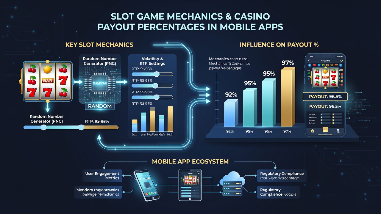 Mobile screen mockup displaying slot game interface with payout table and RTP information